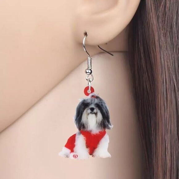 Shih Tzu Christmas Earrings Red Dog Santa Gift - Picture 4 of 5